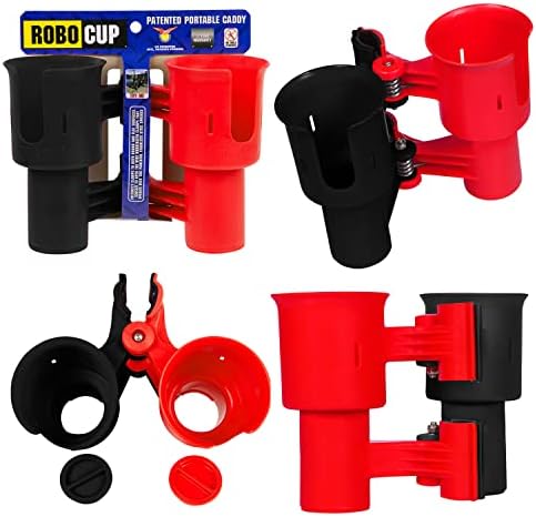 ROBOCUP, (Red & Black), Patented Clamp On Boat Cup Holder | Multifunction Dual Drink Caddy for Fishing Poles, Tools, Net, Gaff | Portable Storage for Boating, Beach, Umbrellas, Golf Carts, Strollers by RoboCup
