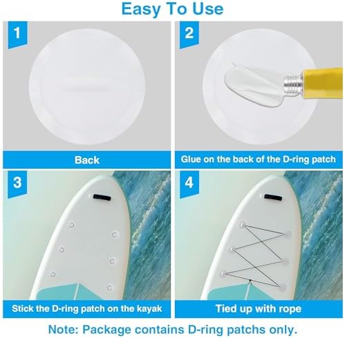 4 Pcs Stainless Steel D-Ring Patch Kit, with 1 Bungee Cord Rope, 4 Cord Hooks, Paddle Board Accessories for Kayak, Inflatable Boat, Caneo, No Glue Included - Image 2