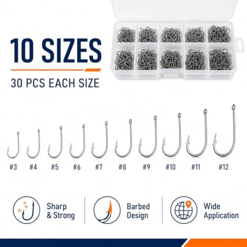 Keenjorika Fishing Hooks Set,High Carbon Steel Baitholder Fish Hook, #3-12 Assorted Sizes,3/500PCS,Sharp Barbed Offset Hook for Bass Catfish Trout Crappie Bluegill Freshwater Saltwater Fishing Tackle - Image 6