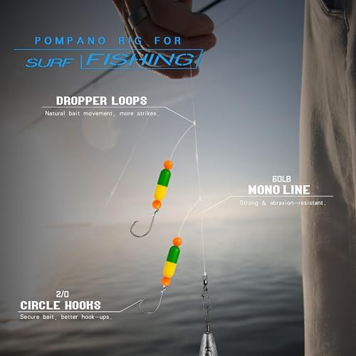 Pompano Rig Saltwater Surf Fishing Rigs – Double Drop Leader Rigs with Hooks, Floats, Beads & Snap – Easy Pre-Tied Terminal Tackle for Pompano, Whiting, Redfish - Image 2