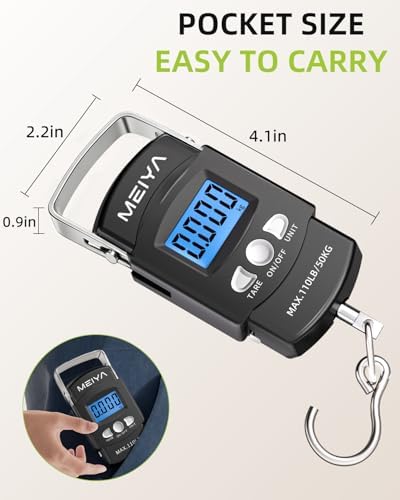 MEIYA Fish Scale 110lb/50kg Digital Fishing Scale with Backlit LCD, Portable Handle, Stainless Steel Hook, Built-in Tape Measure & 2 AAA Batteries, Reliable Fishing Gear & Great Fishing Gifts for Men - Image 3