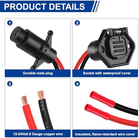 Trolling Motor Plug Socket Set, 12-24V 8Gauge 2 Wire Compatible with Minn Kota Marine Boat,Kayak, Waterproof Male & Female Connector, Trolling Motor Plug and Receptacle. - Image 2