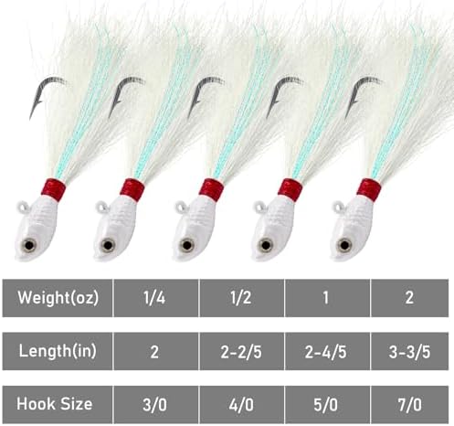 Alwonder 5-Pack Bucktail Jigs Hair Jigs Saltwater Freshwater Fishing Bucktail Lures Surf Fishing Jig Heads White Luminous Chartreuse Swimbait Jig for Bass Flounder Striper Bluefish Halibut Redfish - Image 7