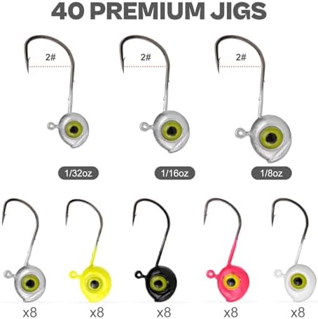 40-Pack Crappie Jig Heads for Fishing - 5 Colors Kit for Panfish, Walleye, Bass 1/32, 1/16, 1/8oz - Image 5