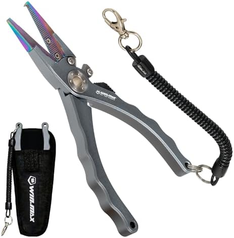 Fishing Pliers for Saltwater & Freshwater, with line Cutter, 6 or 7.5 inch, Hook Remover Pliers, SUS420 Jaws with Titanium Coating, Tungsten Carbide Cutter (Natural, 7.5 inch) by WINMAX