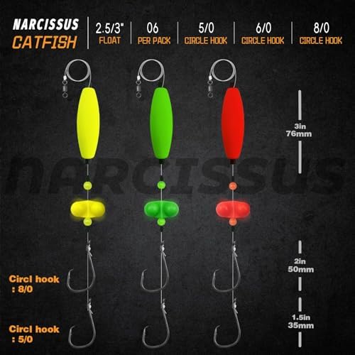 Narcissus Catfish Rigs Set – 6 Pre-Tied Rigs with 2 Sinker Sliders & 2oz Pyramid Sinker, Float Rigs Tackle, Santee Rig, Circle Hooks 6/0 – Complete & Ready-to-Use Kit - Image 2