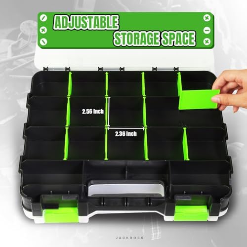 Jack Boss Tool Box with Transparent Lid, Double Side 34-Compartments Organizer Box with Removable Dividers for Hardware, Screws, Bolts, Nails, Beads, Jewelry and Fishing Accessories, Green, 4 Pack - Image 3