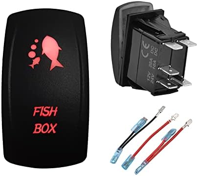 12V 24V RED Fish Box Rocker Switch with Wires Laser Etched 5 PIN Waterproof ON-Off Switches for Car Marine Boat Yacht Fishing Boat IP66 by BACAUTOPARTS