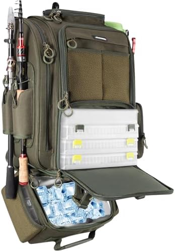 Fishing Backpack with Cooler for 3 Tackle Boxes Fishing Bag with Rod Holder by BLISSWILL