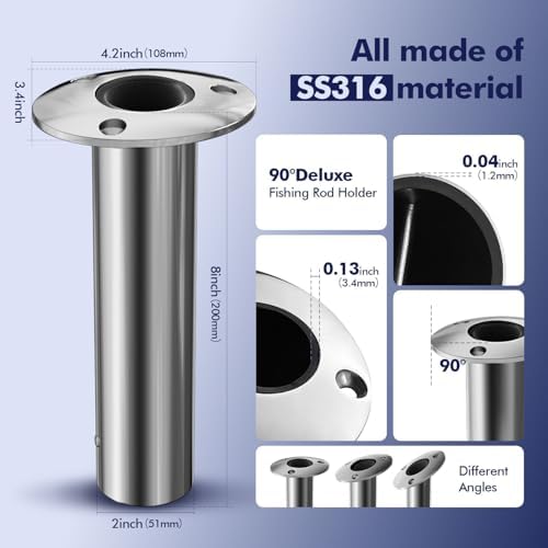 2Pcs Rod Holders for Fishing Boat, Heavy Duty 316 Stainless Steel Fishing Rod Pole Holder, Flush Mount, 15/30/90 Degree - Image 2
