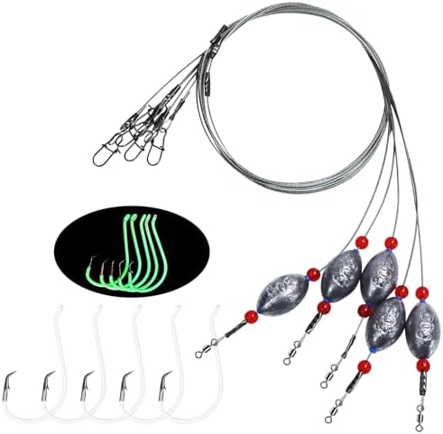 Fishing Egg Sinker with Soft Plastic Core Weight Rigs 5pcs Flounder Rig Saltwater,176.37lb Fishing Wire Leader with Egg Sinker Swivels Snap, Grouper Bottom Fishing Rigs by Fishing
