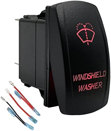 12V 24V RED Windshield Washer Momentary Rocker Switch with Wires 5 PIN Mom (ON)-Off Laser Etched Washer Switches for Car Truck Automotive RZR RV Side by Side UTV ATV Can Am Dash Replace by BACAUTOPARTS