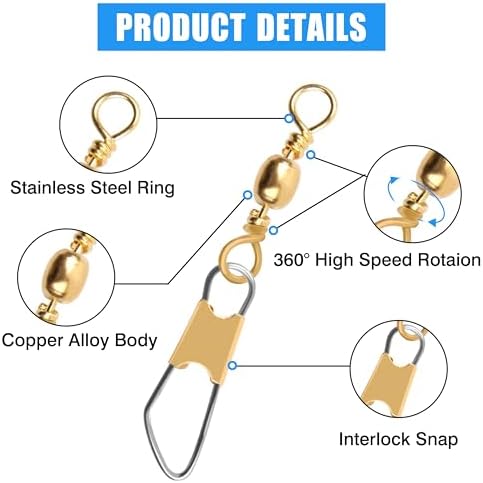 AGOOL Fishing Swivels Snaps, 60/120pcs Barrel Swivels with Nice Snaps Gold High Strength Solid Rings Line Lures Connector Fishing Tackle Accessories - Image 2
