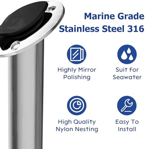 Fishing Rod Holder 2 Pack, 316 Stainless Steel 15/30/90 Degree Rod Holders for Fishing Boat, Flush Mount with Cap, Heavy Duty - Image 3