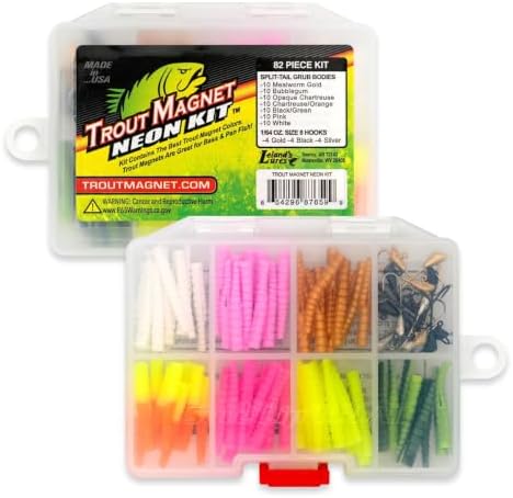 Trout Magnet 82-Piece Neon Fishing Gear Kit, Includes 70 Grub Bodies Trout Bait and 12 Size 8 Hooks by TroutMagnet