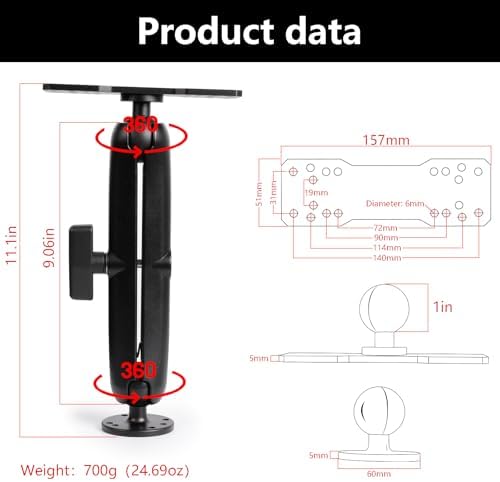 Universal Mounting Bracket - Extended Aluminum Alloy Arm with Spherical & Rectangular Plate, Circular Base for Fish Finder, GPS Plotter, Depth Sounder, CB Radio, Marine Electronics (11.4inch) - Image 5