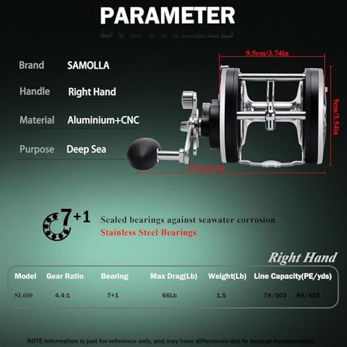 Sea Fishing Reel 44-66 LB Max Drag Saltwater Round Conventional Trolling Reel Aluminum CNC 2.8:1/4.4:1 Gear Ratio 5+1/7+1 Bearings for Tuna Salmon Marlin - Image 6