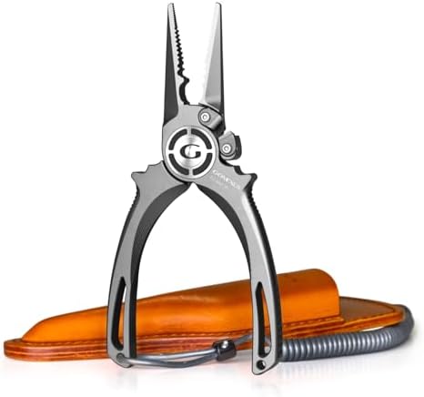 GOMEXUS Fishing Pliers Saltwater with Side Cutters, Never Rust Inshore & Nearshore Titanium Fishing Gear with Lanyard & Leather Sheath, Hook Remover, (Straight Nose, 7 INCHES) by GOMEXUS