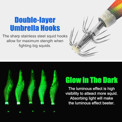 Squid Jig Saltwater Glow Squid Lures, 5/10pcs Luminous Shrimp Prawn Lures Atrificial 3D Fluorescent Squid Jigs Cuttlefish Sleeve Octopus Jig Tackle Size 2.5 3 - Image 3