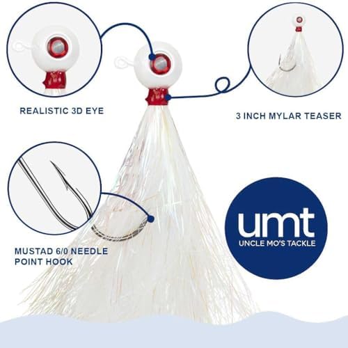 UMT Mylar Bucktail Fluke Ball Jighead for Saltwater Fishing 2oz, 3oz, 4oz - White - 6/0 Mustad Hook, 3D Eye – Flounder, Porgies, Sea Bass, Blackfish Tautog & Bluefish - Image 3