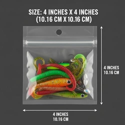 100 Pack Soft Plastic Baits Bags 4”x4" | Heavy-Duty Clear Lock Zipper Lure Packaging Bags - Leakproof Double-Sealed Zipper Storage for Soft Plastic Lures & Fishing Gear | Multiple Sizes - Image 3