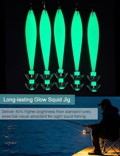 Avlcoaky Luminous Squid Jig Saltwater Squid Lure 5pcs/Box Squid Bait with Double Layer Hooks & 360° Swivel Umbrella Hooks Jigs Glow in the Dark Fishing Lure for Calamari, Cuttlefish, and Octopus - Image 2