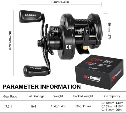 SOUGA Round DC Baitcaster Reel, 7.2:1 Gear Ratio, Black - Image 2