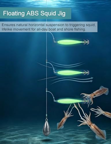 Avlcoaky Luminous Squid Jig Saltwater Squid Lure 5pcs/Box Squid Bait with Double Layer Hooks & 360° Swivel Umbrella Hooks Jigs Glow in the Dark Fishing Lure for Calamari, Cuttlefish, and Octopus - Image 3