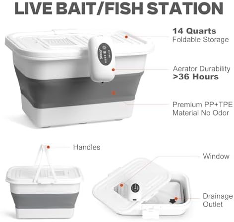 VEYWANE Live Bait or Fish Bucket with Aerator, 14 Quarts Multi-Function Collapsible Fishing Container Box with Rechargeable Air Pump - Image 2