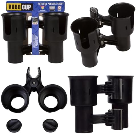 ROBOCUP, (Black), Patented Clamp On Boat Cup Holder |Multifunction Dual Drink Caddy for Fishing Poles, Tools, Net, Gaff |Portable Storage for Boating, Beach, Umbrellas, Golf Carts, Strollers by RoboCup