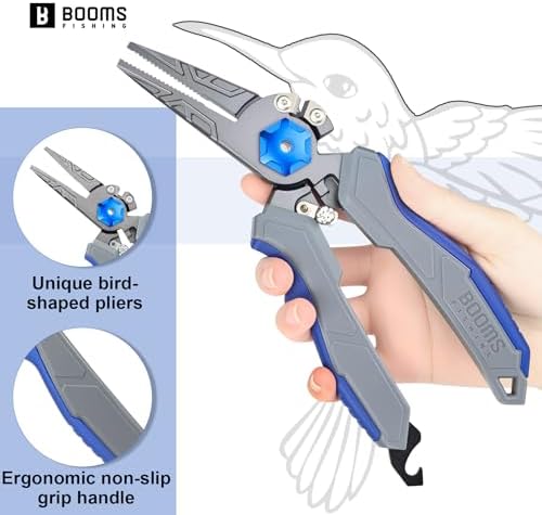 Booms Fishing Pliers Hook Remover: 8.1" Angled Carbon Steel Fish Pliers for Saltwater - Fishing Line Cutter with Lanyard - Braided Cutters & Crimper with Safety Lock, Multi-Function Gear for Men, F09 - Image 4