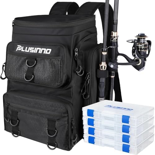 PLUSINNO Fishing Tackle Backpack with Rod Holders，42L Water-resistant Fishing Bag Store Fishing Gear,Fish Gifts For Men. by PLUSINNO