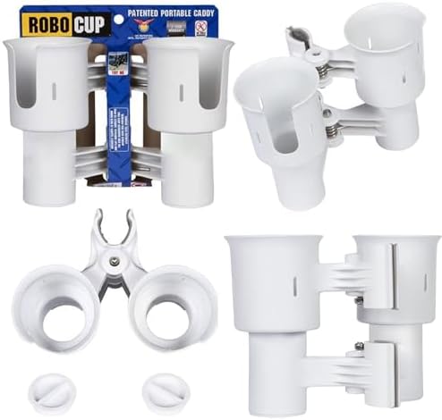 ROBOCUP, (White), Patented Clamp On Boat Cup Holder |Multifunction Dual Drink Caddy for Fishing Poles, Tools, Net, Gaff |Portable Storage for Boating, Beach, Umbrellas, Golf Carts, Strollers - Image 3
