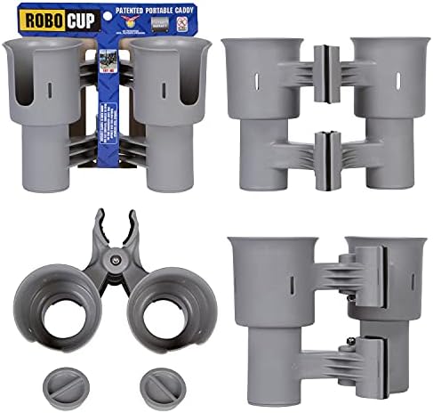 ROBOCUP, (Gray), Patented Clamp On Boat Cup Holder |Multifunction Dual Drink Caddy for Fishing Poles, Tools, Net, Gaff |Portable Storage for Boating, Beach, Umbrellas, Golf Carts, Strollers by RoboCup