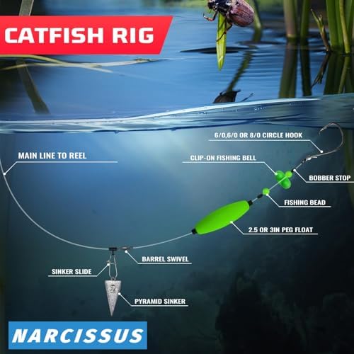 Narcissus Catfish Rigs Set – 6 Pre-Tied Rigs with 2 Sinker Sliders & 2oz Pyramid Sinker, Float Rigs Tackle, Santee Rig, Circle Hooks 6/0 – Complete & Ready-to-Use Kit - Image 5