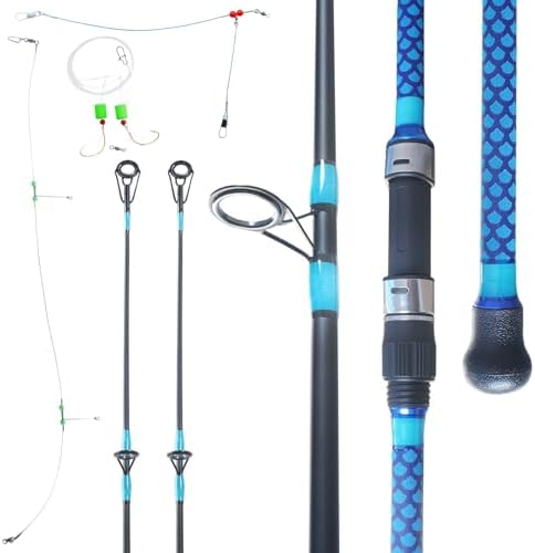 Surf Fishing Rod 9'/10'/11'/12', Carbon Fiber Graphite Spinning Rod 3-Piece Travel Rod with 2 Tips, Includes Pompano Rig & High-Strength Wire Leaders for Saltwater Beach Surf Casting by KingKatch