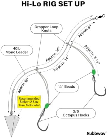 Hi-Lo Rig Saltwater Fishing Rigs, 6-Pack, 2/0,3/0 Octopus Hooks - Image 3