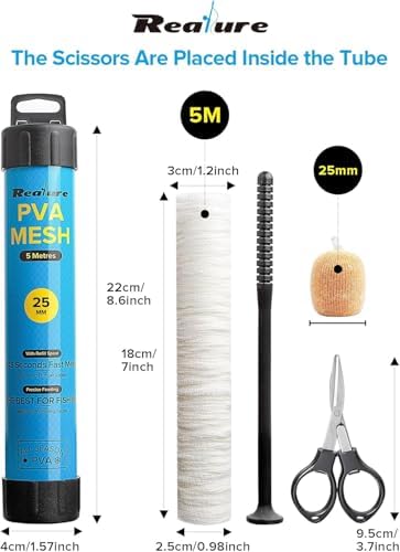 Realure 5m PVA Mesh Bait Bag Kit with Scissors, 18/25/37/44mm Fast Melt Water Soluble Mesh Refill, Carp & Catfish Fishing Accessories with Funnel & Plunger for Boilie Pellet Bait - Image 2