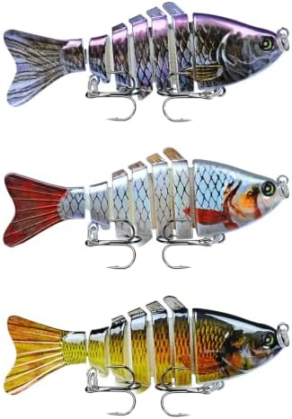 Rattling Fishing Lures 3 Pack, Multi-Jointed Swimbaits with Treble Hooks, Lifelike S-Swimming Hard Baits for Bass, Trout, Crappie & Perch by Unknown