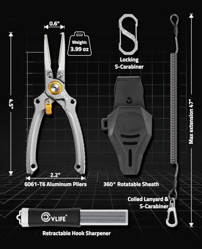 CVLIFE Fishing Pliers, Saltwater Hook Remover Kit, 7.5 Inch Aluminum Split Ring Pliers for Fishing with 17-4 PH Stainless Steel Jaws, Sheath, Tungsten Cutters Hook Sharpener & S-Carabiner - Image 5