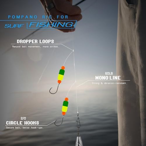 Pompano Rig Saltwater Surf Fishing Rigs – Double Drop Leader Rigs with Hooks, Floats, Beads & Snap – Easy Pre-Tied Terminal Tackle for Pompano, Whiting, Redfish - Image 3