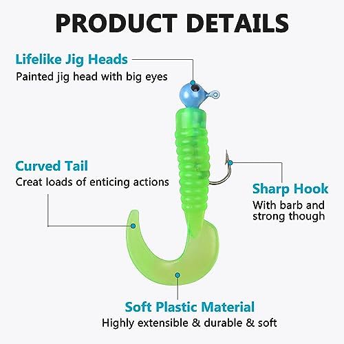 Soft Fishing Lures Jig Head Hooks Kit, Crappie Jigs Lures Kit Mixed Curly Grub Lures Tube Baits Soft Plastic Swimbaits for Bass Trout Panfish Saltwater Freshwater Fishing - Image 2
