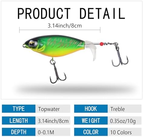 Whopper Fishing Lure for Bass Popper Top Water Fishing Lures with Floating Rotating Tail Barb Treble Hooks in Saltwater Freshwater Plopping Lures Kit - Image 2