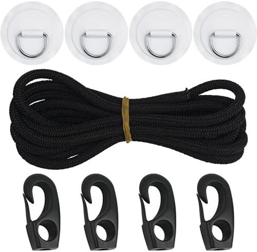 4 Pcs Stainless Steel D-Ring Patch Kit, with 1 Bungee Cord Rope, 4 Cord Hooks, Paddle Board Accessories for Kayak, Inflatable Boat, Caneo, No Glue Included by Omoojee