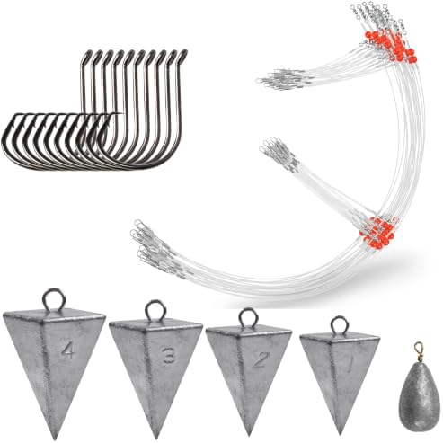 Saltwater Surf Fishing Tackle Kit - Saltwater Surf Fishing Rigs Bottom Rigs Include Fishing Leader Rigs Pyramid Sinkers Bass Casting Sinker Circle Hooks for Striped Bass Red Drum Flounder by AGOOL