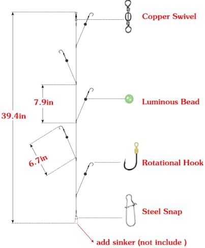 Fishing Hook with Leader,5 Hooks Fishing Rig-7 Strands Nylon Coated Fishing Leader with Swivle,Snap,Hooks - Image 4