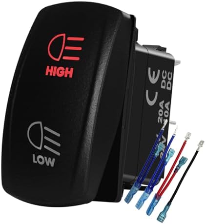 12V 24V RED High Low Beam Headlight Rocker Switch with Wires 7PIN ON-Off-ON DPDT 3 Way Toggle Switch for Car Truck Can Am Commander SUV Off Road Vehicle RZR Dash Replacement Switch by BACAUTOPARTS