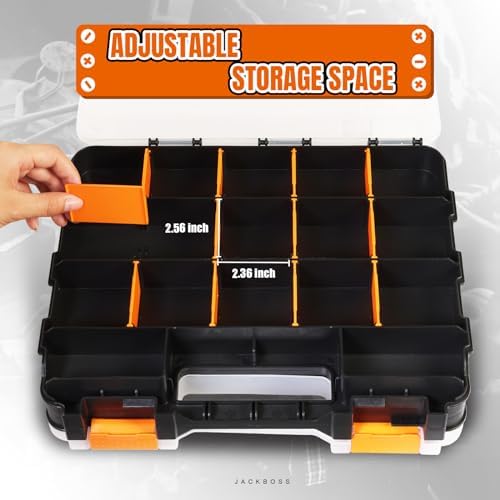 Jack Boss Tool Box with Transparent Lid, Double Side 34-Compartments Organizer Box with Removable Dividers for Hardware, Screws, Bolts, Nails, Beads, Jewelry and Fishing Accessories, Orange, 2 Pack - Image 3