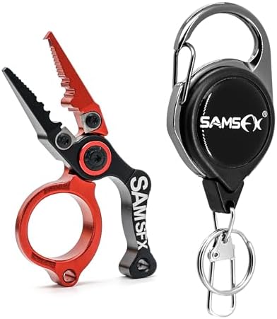 SAMSFX Mini Fishing Pliers with Fly Fishing Zinger Retractor, Fish Hook Remover Tool, Split Ring Pliers for Saltwater & Freshwater, Tungsten Carbide Cutters, Fishing Gear Gift for Anglers by SAMSFX