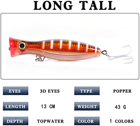 Popper Fishing Lure, JAZALIC Topwater Popper Lures 3D Eyes Fishing Accessories for Saltwater Surface Casting and Freshwater Surface Fishing, Gt Tuna Kingfish Large Predator Fish (5.11in, 1.48Oz) - Image 6